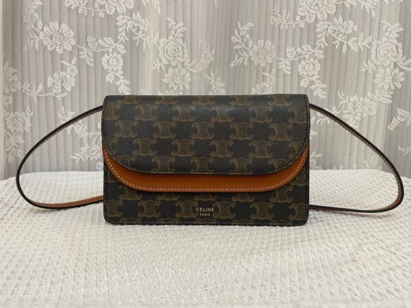Celine Wallet on strap in Triomphe Canvas and Smooth Lambskin