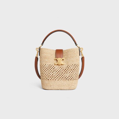 CELINE SMALL LOUISE BUCKET IN RAFFIA AND CALFSKIN