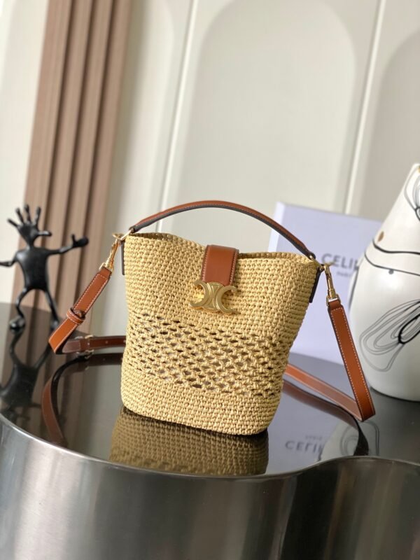CELINE SMALL LOUISE BUCKET IN RAFFIA AND CALFSKIN
