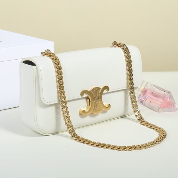 Celine Women Chain Shoulder Bag Triomphe in Shiny Calfskin-White