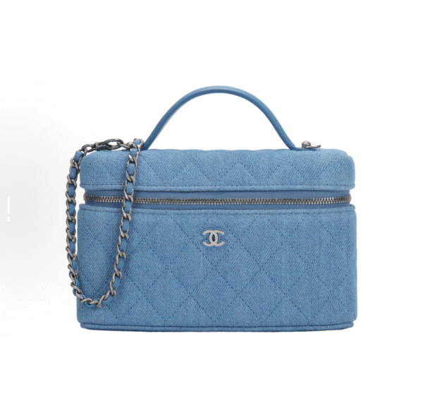 CHANEL 25C zippered silver buckle washed denim shoulder crossbody tote bag blue