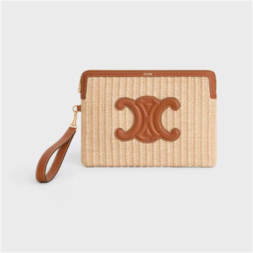 SMALL POUCH WITH STRAP CUIR TRIOMPHE IN RAFFIA EFFECT TEXTILE AND CALFSKIN