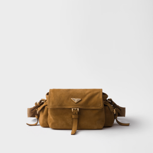 Prada Explore medium suede shoulder bag with flap